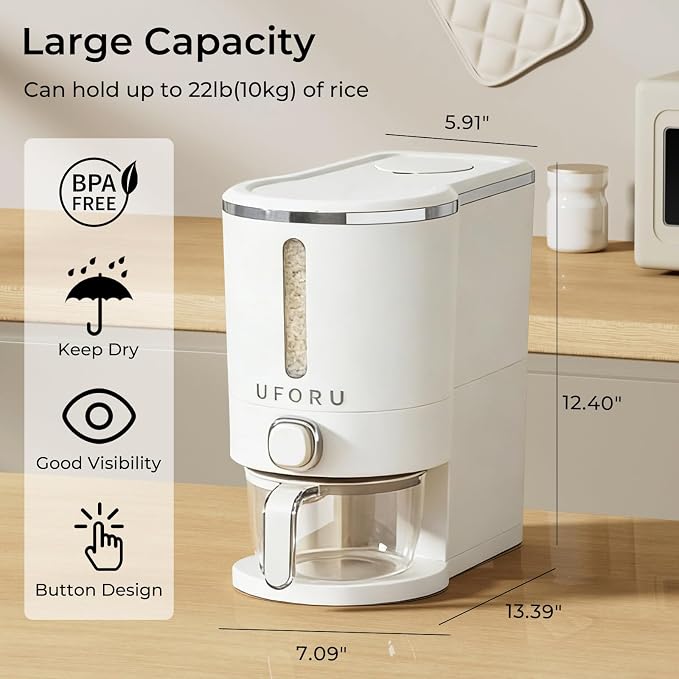 UFORU Rice Dispenser, Rice Storage Container with Measuring Cup for Kitchen Pantry Household, Dry Food Storage Containers Airtight, Sealed Moisture Proof (White 11Lbs)