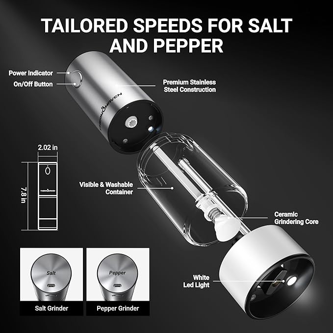 ThermoMaven Electric Salt and Pepper Grinder Set, 110ml Larger Rechargeable Automatic Salt and Pepper Mill Grinder with 6 Adjustable Coarseness, Salt and Pepper Shakers, LED, 2 Packs, Black & White