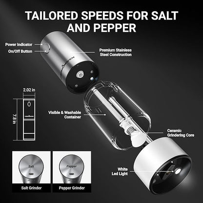 ThermoMaven Electric Salt and Pepper Grinder Set, 110ml Larger Rechargeable Automatic Salt and Pepper Mill Grinder with 6 Adjustable Coarseness, Salt and Pepper Shakers, LED, 2 Packs, Black & White