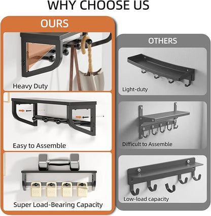 Coat Rack Wall Mount, Wood Wall Shelf with Hooks, Coat Hanger Wall Mount with 4 Metal Hooks, Wall Mounted Coat Rack Organizer for Entryway, Bedroom, Living Room, Room Decor, Black 2 Pack