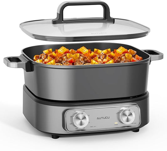 6-Quart Electric Skillet, Hot Pot | Non-Stick PFOA-Free Ceramic-Coated Pot, 1600W, Timer & 3 Power Settings for Steak, Egg, Ramen, Nonstick Pot