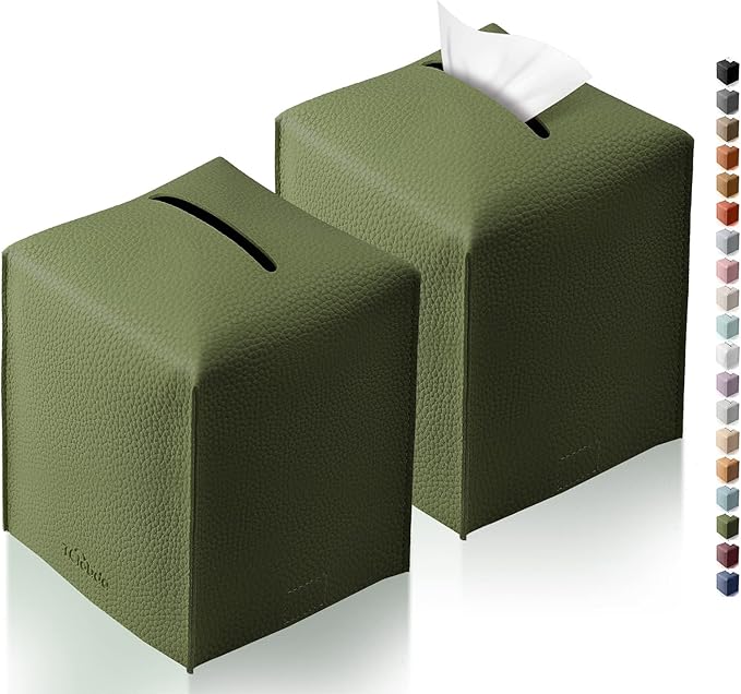 Tclouda Tissue Box Cover for PU Leather, Modern Simple Solid Color Holder Square Tissue Bag, Ideal for Bathrooms,Office,Car,Nightstand,Outdoor Tent,Dining Table,5"X5"X5", Double Green