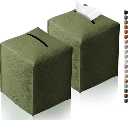 Tclouda Tissue Box Cover for PU Leather, Modern Simple Solid Color Holder Square Tissue Bag, Ideal for Bathrooms,Office,Car,Nightstand,Outdoor Tent,Dining Table,5"X5"X5", Double Green