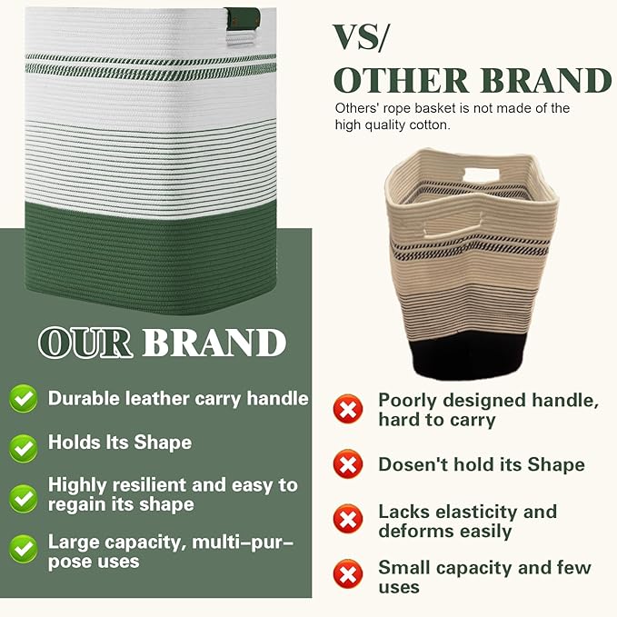 Degeyoyo Laundry Hamper, 95L Tall Laundry Basket with Leather Handles, Rectangle Large Clothes Hamper for Organizing, Cotton Woven Laundry Baskets Storage Hampers for Bedroom, Nursery, Living Room