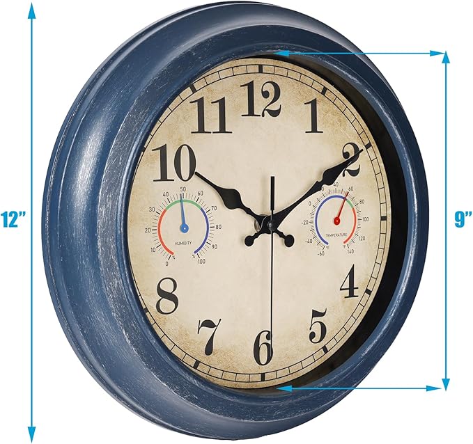 12 Inch Outdoor Clock with Thermometer and Hygrometer Combo, Waterproof Indoor Outdoor Wall Clocks for Patio, Pool, Garden, Bathroom Decor- Blue