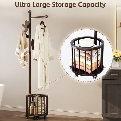 Uniclinens Freestanding Wooden Coat Rack with Umbrella Holder，Dark Walnut Coat Rack with Hooks, Space-Saving Entryway Organizer for Hanging Clothes and Storing Towels, Bedroom, Living Room