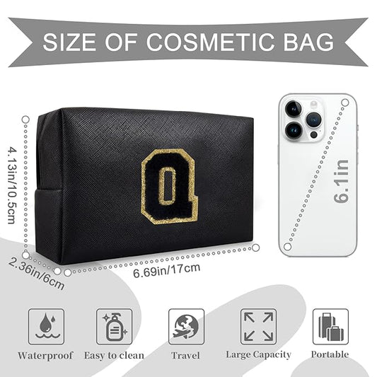 Personalized Initial A-Z Preppy Patch Makeup Bag,Small PU Chenille Letter Cosmetic Bag with Zipper for Teen Girls,Black Cute Toiletry Organizer Bag,Monogram Makeup Case Gift for Women Girls,Letter Q