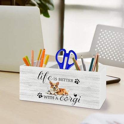 Corgi Gifts Pen Pencil Holder Organizer for Desk Accessories, Life Is Better With a Corgi Wooden Box Sign Desk Decor for Home Office Decoration, Dog Mom Lovers Owner Gifts for Women