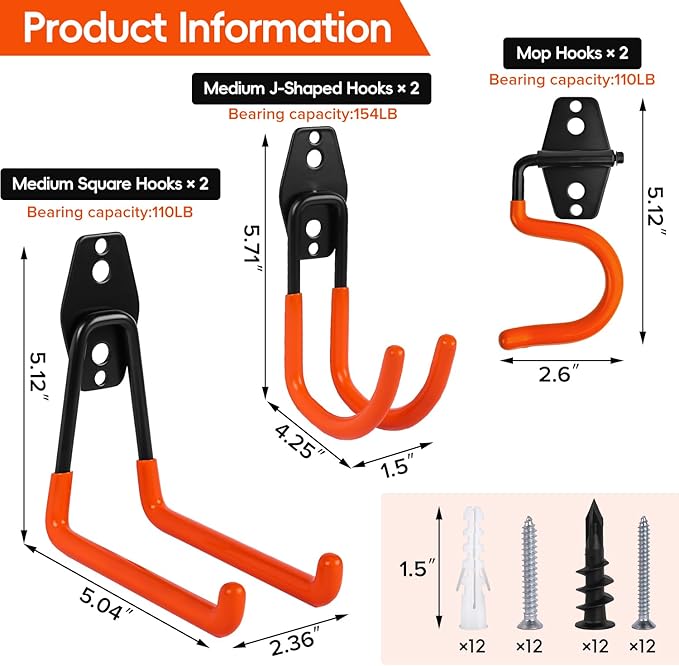 Donext Garage Hooks 6 Pack Heavy Duty Steel Utility Hooks for Hanging, Wall Mount Garage Storage Hooks for Tools, Ladders, Hanging Bikes, Bulky Items, Orange