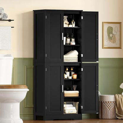 TEENFON 67” Storage Cabinet, Kitchen Pantry Cabinet with 4 Doors and 2 Adjustable Shelves, Cupboard, Tall Bathroom Cabinets for Living Room, Kitchen, Bathroom, Black