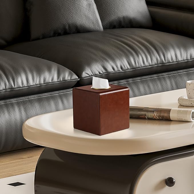 MEIBOOCH Square Tissue Box Cover, Luxury PU Leather Tissue Holder with Magnetic Closure (Brown)