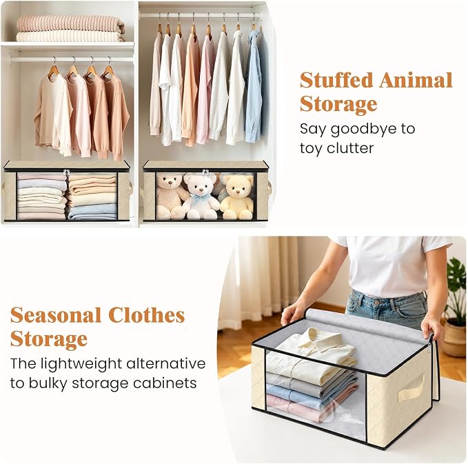 Fab totes 35L Closet Organizers and Storage, Foldable Under Bed Storage Containers, Storage bags for Organizing Bedroom, Closet, Clothing,Organization with Handle (8 Pack,Beige)