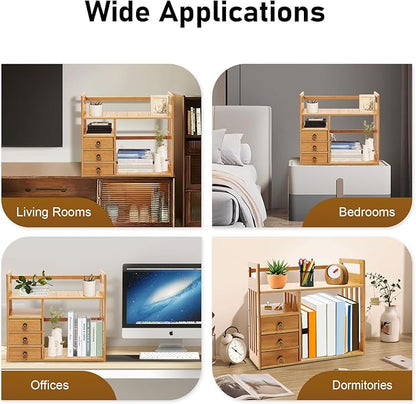 Bamboo Desk Book Shelf, Desktop Bookshelf Storage Rack with 3 Drawers, Tabletop Standing Organizer for Office, Bedroom, Dorm, Freestanding Bookcase – Wood Tone