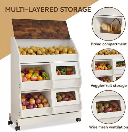 ARTETHYS Potato and Onion Storage Bin with Wheels, 3 Tier Bread Container with Lid, Ventilated Vegetable Organization Cabinet for Kitchen