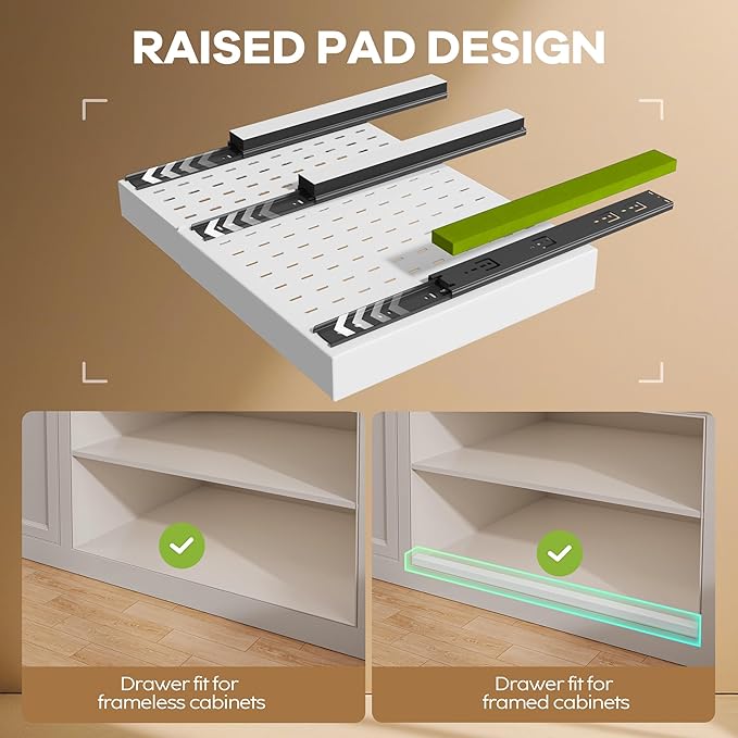 Seinloes 2Pack Pull out Cabinet Organizer 21"Deep with 4 Adjustable Dividers,Expandable（12.1"-20.4"W） Pots and Pans Organizer Under Cabinet with Raising Pad for Framed Cabinets,Slide out Drawers,White