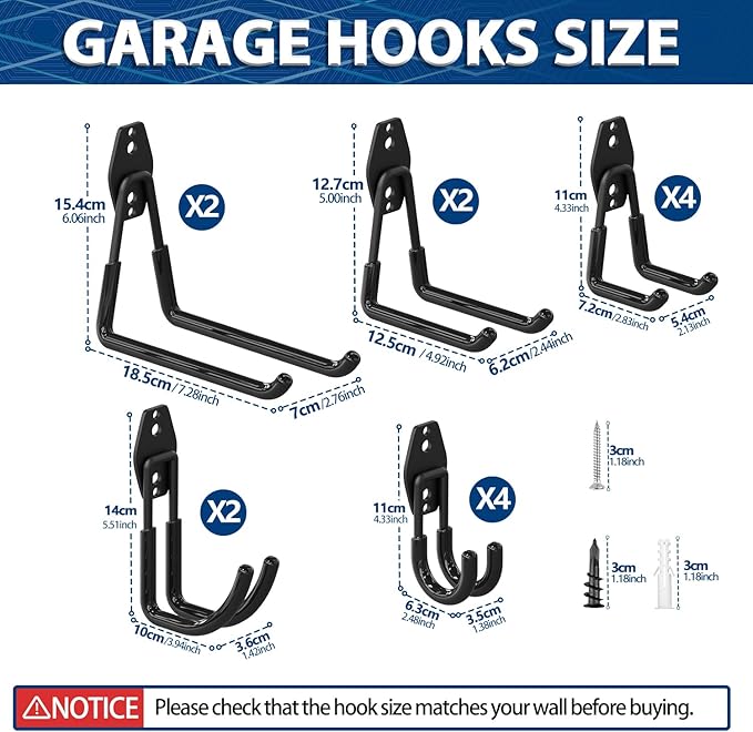 3-H Garage Wall Hooks 14 Pack,Garage Hooks Heavy Duty with Extra Welding Spots,Wall Mount Storage Organizer for Hanging Garden Lawn Tools,Ladder,Bike,WeedEater,Chair,Shovel,Blower(Black)