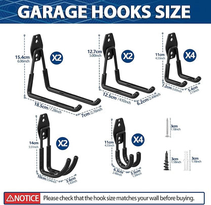 3-H Garage Wall Hooks 14 Pack,Garage Hooks Heavy Duty with Extra Welding Spots,Wall Mount Storage Organizer for Hanging Garden Lawn Tools,Ladder,Bike,WeedEater,Chair,Shovel,Blower(Black)