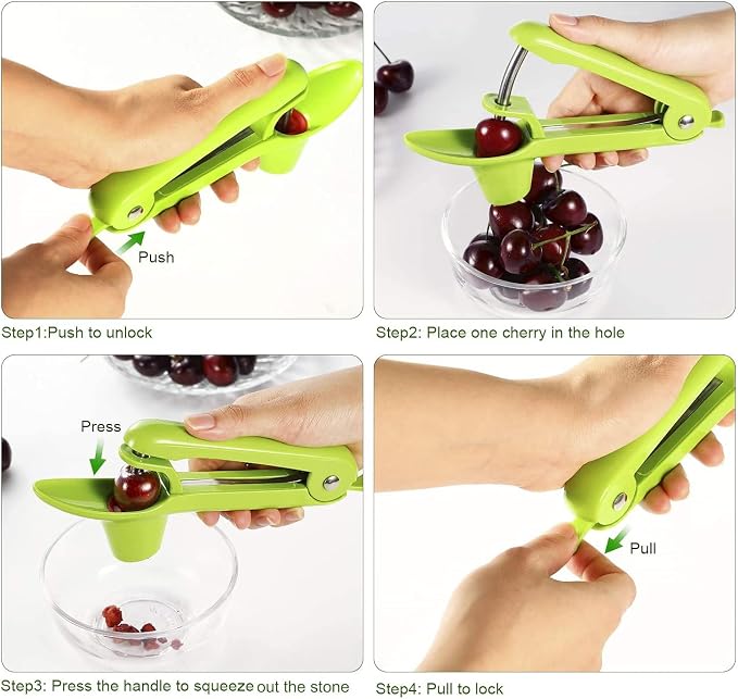 Cherry Pitter Tool, Larger Cross-Pitting Head, Cherry Core Remover with Safety Lock, Non-Slip Soft-touch Handle, Dishwasher Safe-green