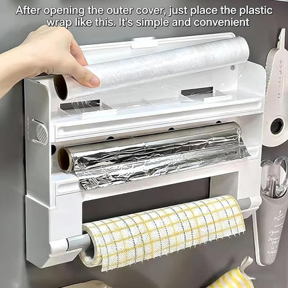 6-in-1 Wall Mounted Plastic Wrap&Foil Dispenser with Cutter–PP Kitchen Organizer w/Paper Towel, Tape, Bag&Small Tray, No Drill/Screw Mount White-Aluminum Foil Rack Organizer&Organizer Foil Cling Wrap