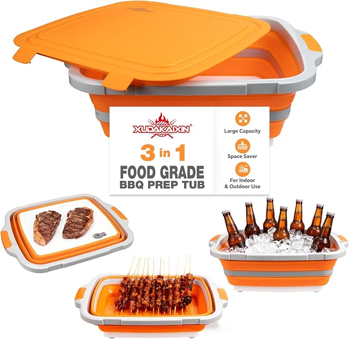 Collapsible BBQ Prep Tub for Meal Prep, Marinating, and Food Storage - Includes Cutting Board and Locking Lid,Ideal Gifts for Christmas,Dad,mother (X-Large) Orange