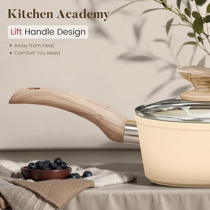 Kitchen Academy 12-Piece Induction Cookware Set, Nonstick Granite Pots and Pans in Beige