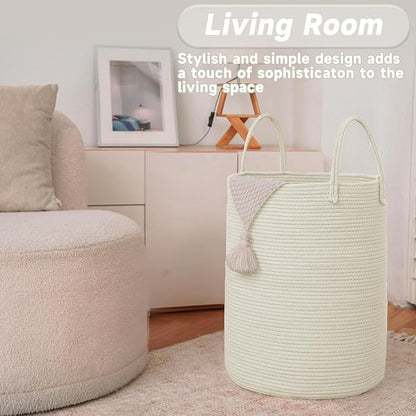 JMvicyroam Large Woven Laundry Basket Hamper,100L Cotton Rope Storage Bin for Blankets,Toys and Clothes,Decorative Tall Nursery Hamper for Living Room,Baby Nursery,Bathroom and Bedroom,White