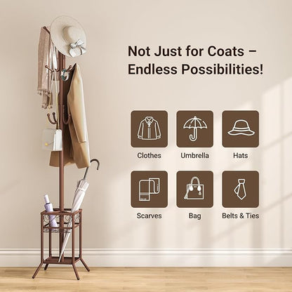 ELYKEN Coat Rack Freestanding, Metal Coat Rack Stand with Umbrella Holder, Modern Coat Tree with 12 Hooks, Floor Standing Corner Hall Tree for Entryway Living Room Bedroom Office, Brown