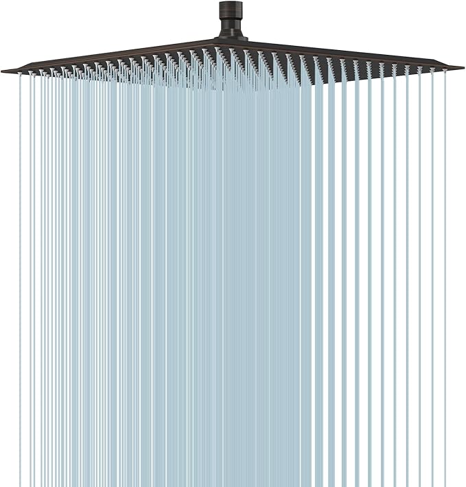 BESy 16 Inch Rain Shower Head, 16" Square Rainfall & High Pressure Stainless Steel Bath Showerhead, 1/16" Ultra Thin, Waterfall Full Body Coverage with Silicone Nozzle, Oil Rubbed Bronze Finish