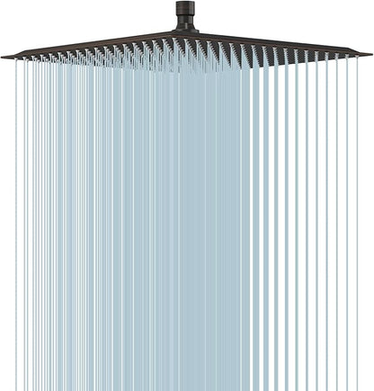 BESy 16 Inch Rain Shower Head, 16" Square Rainfall & High Pressure Stainless Steel Bath Showerhead, 1/16" Ultra Thin, Waterfall Full Body Coverage with Silicone Nozzle, Oil Rubbed Bronze Finish