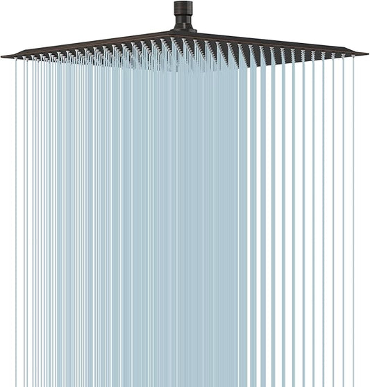 BESy 16 Inch Rain Shower Head, 16" Square Rainfall & High Pressure Stainless Steel Bath Showerhead, 1/16" Ultra Thin, Waterfall Full Body Coverage with Silicone Nozzle, Oil Rubbed Bronze Finish