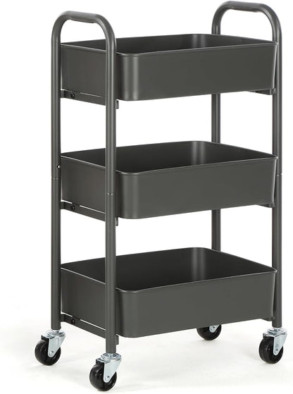 SunnyPoint 3-Tier Delicate Compact Rolling Metal Storage Organizer - Mobile Utility Cart Kitchen/Under Desk Cart with Caster Wheels (Gray, 15.35" X 10.24" X 26.8"H)