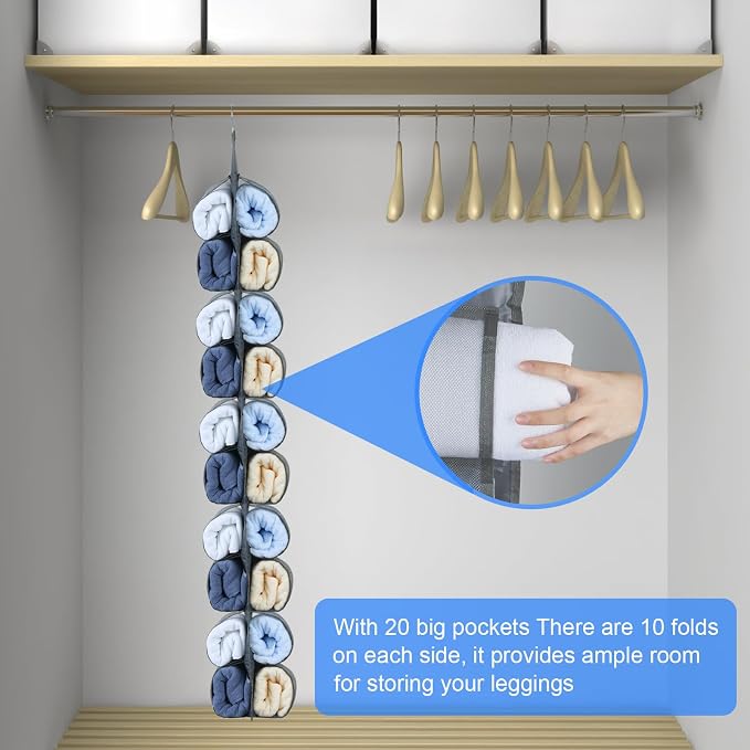2-Pack Hanging Legging Organizer - Legging Storage Organizer, Legging Organizer for Closet, Hanging Closet Organizer, Install Behind The Door, Wardrobe Hanger 20 Pockets Clothes Storage (Grey)