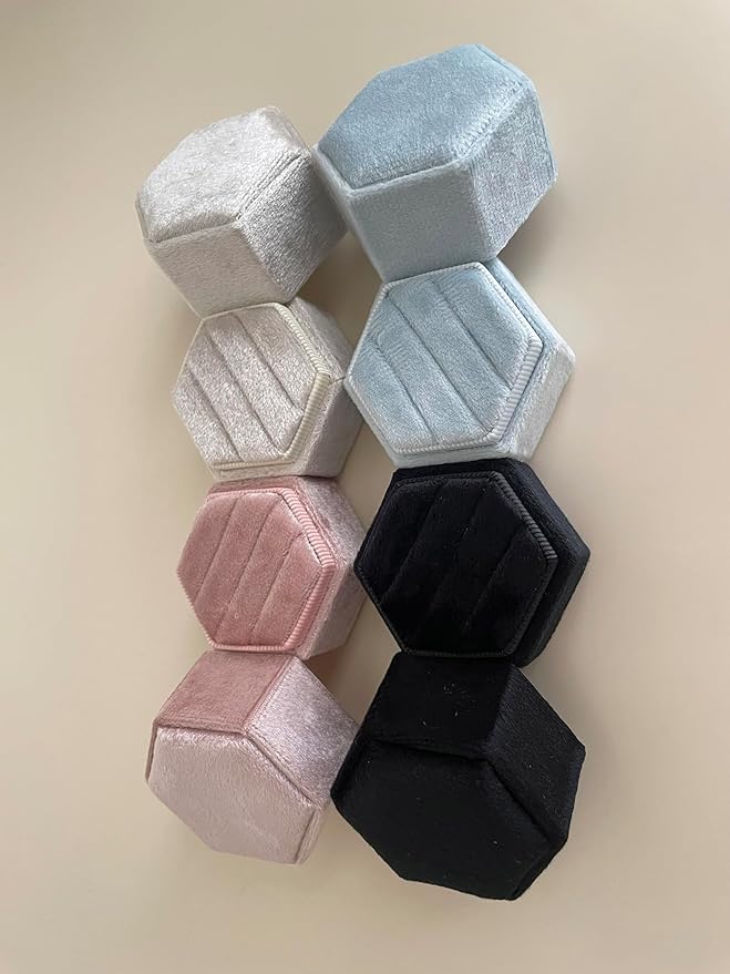 Wedding Ring Box 3 Slots - Hexagon Velvet Ring Box, Detachable Lid Three Slots Jewelry Ring Gift Box, Gorgeous Vintage Premium Ring Bearer Boxes for Proposal Engagement (Beige)