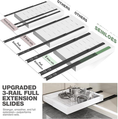 Seinloes 2 Pack Pull Out Cabinet Organizer 24" Deep,Full Extension 3 Slide Rails Slide Out Drawers With Raising Pad for Framed Cabinets,Expandable Width (12.3"-20.5"),No Drill Roll Out shelf,White