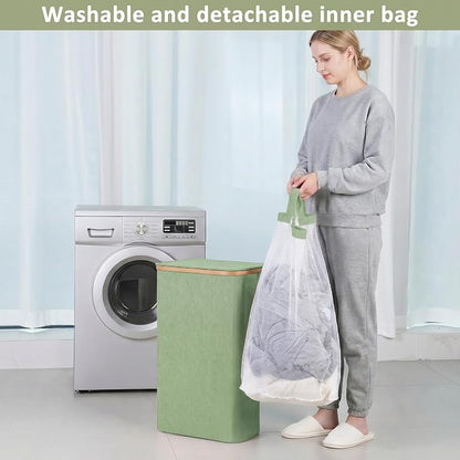 iEGrow 65L Slim Laundry Hamper, Narrow Laundry Basket with Lid,Foldable Clothes Hamper with Bamboo Frame,Hamper Basket with Removable Inner Bag for Laundry Room Bedroom College Dorm,17.17 Gals Green