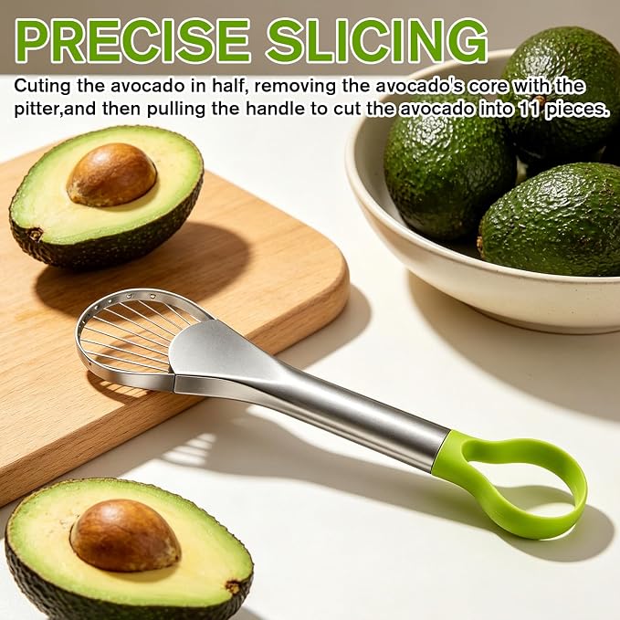 Avocado Slicer Tool, 3-in-1 Stainless Steel Avocado Slicer Tool with Peeler & Pitter, Silver & Green Design for Slicing, Scooping Pit Removal (9.37 x 2.28 In)