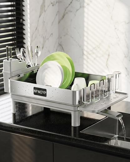 Dish Drying Rack, 304 Stainless Steel Dish Rack and Drainboard Set, Rustproof Dish Drainer with Anti-Pooling Automatic Drainage, Large Capacity Kitchen Counter Organizer, Grey