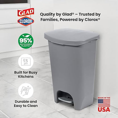 Glad 13 Gallon Trash Can with Clorox Odor Protection | Plastic Kitchen Waste Bin | Hands Free with Step On Foot Pedal and Garbage Bag Rings, Grey