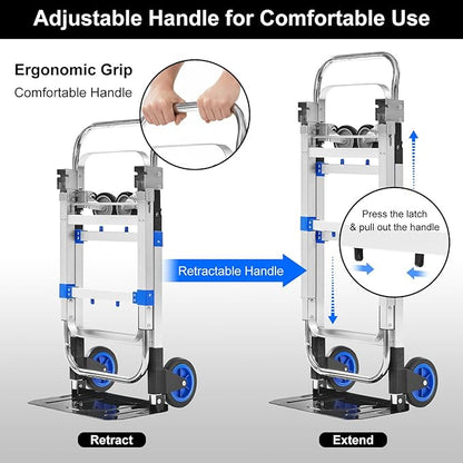 Folding Hand Truck Dolly, 500 lbs Heavy-Duty Convertible Cart, Aluminum Alloy Collapsible Design with Silent Rubber Wheels, Adjustable Handle, Flat Fold for Moving, Home, Office (Blue)