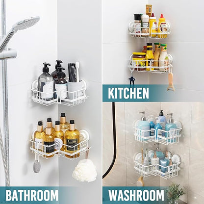TAILI Corner-adaptive Suction Cup Shower Caddy 2 Pack, Stainless Steel Rustproof Corner Shower Shelves, Drill-Free Wall Mounted Baskets, Large Capacity Removable Suction Cup Bathroom Organizer, White