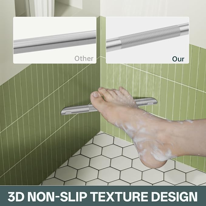 BWE Brushed Nickel Shower Foot Rest Bar, Stainless Steel Bar Corner Shower Foot Rest for Shaving Legs, Non-Slip Knurled Shower Step, Wall Mounted Bathroom Shower Shaving Foot Rest
