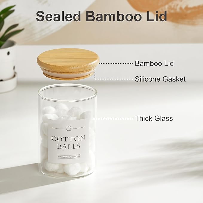 INIUNIK 2 Pack Qtip Holder Dispenser - Glass Apothecary Jars with Lids, Cotton Ball Pad Swab Round Holder, Bamboo Bathroom Accessories, Bathroom Organizers Containers Jars Canisters with Lids