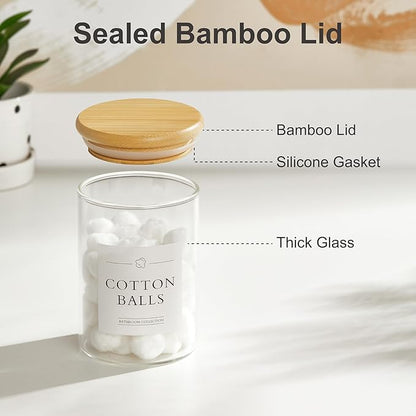 INIUNIK 3 Pack Qtip Holder Dispenser - Glass Apothecary Jars with Lids, Cotton Ball Pad Swab Round Holder, Bamboo Bathroom Accessories, Bathroom Organizers Containers Jars Canisters with Lids