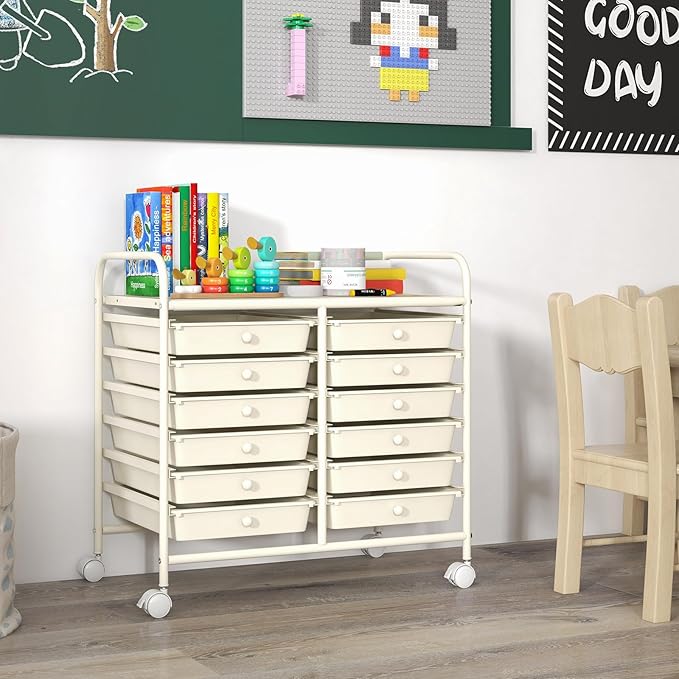 GOFLAME 12-Drawer Rolling Storage Cart, Multifunctional Art Craft Organizer Cart, Mobile Utility Storage Cart with Removable Drawers & Lockable Wheels, Craft Cart for Home Office School, White
