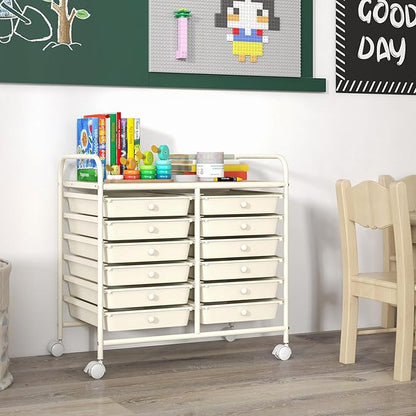 GOFLAME 12-Drawer Rolling Storage Cart, Multifunctional Art Craft Organizer Cart, Mobile Utility Storage Cart with Removable Drawers & Lockable Wheels, Craft Cart for Home Office School, White