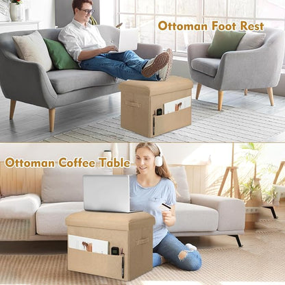 BelugaHelper Ottoman with Storage, Small Storage Ottoman Foot Rest with Thicker Foam Padded Seat. Foldable Linen Cloth Foot Stool for Living Room Bedroom, Holds Up to 300 lbs, 17x13x13IN(Beige)