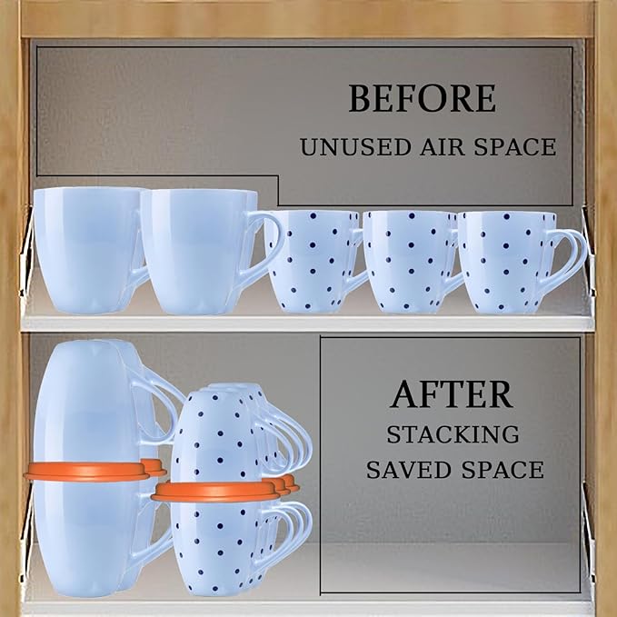 Mug Stacker Kitchen Cabinet Shelf Organizer for Cupboard and Pantry Organization - Expandable and Stackable Storage Solution for Tea Cups and Coffee Mugs - Save Space and Stay Organized (3Pcs Orange)