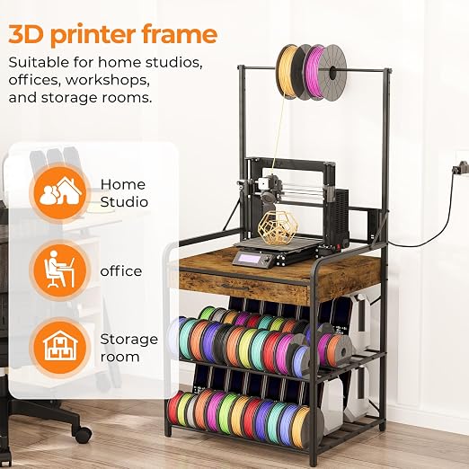 3D Printer Stand with Power Hub and Top Storage Shelf – Heavy Duty X-Bracket Stability, 3-Tier Storage & Tool Organizer for Workshop and Office