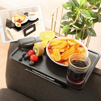 Smatdecis Couch Arm Tray Table Sofa Arm Clip, Armrest Tray Table Suitable for Home Drinks/Fast Food/Fruit Etc, Large Size Multi-Function Black(360° Rotating Stand A)