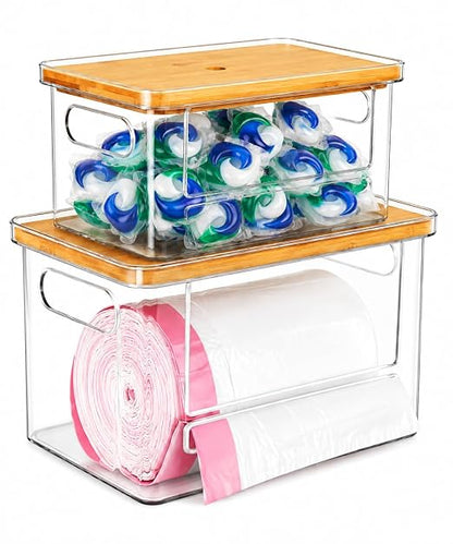 2-in-1 Stackable Trash Bag Dispenser & dishwasher pod holder with Wooden Top – Garbage Bag Holder for 13-33 Gallon Bags – Trash Bag Dispenser Under Sink with Anti-Slip Base for Laundry Detergent Pods